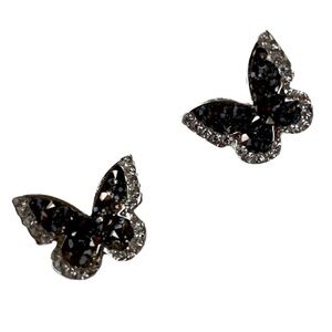 Drusy black butterfly rhinestone border silver stud earrings gift sparkly pretty